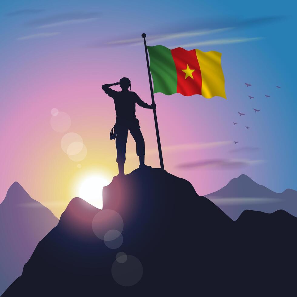 Cameroon flag raised on mountain peak with purplish yellow sunset background vector