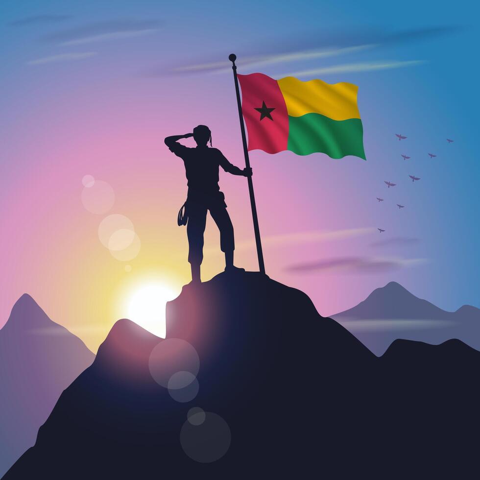 Guinea Bissau flag raised on mountain peak with purplish yellow sunset background vector