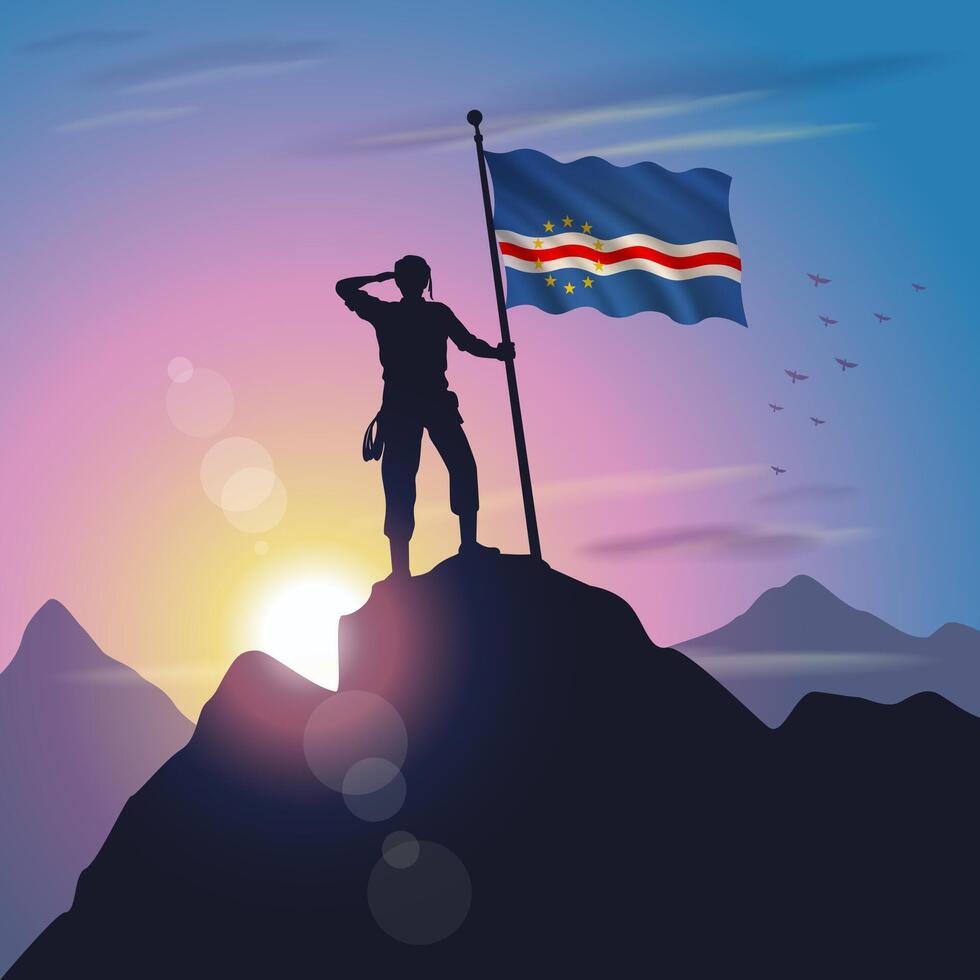 Cape Verde flag raised on mountain peak with purplish yellow sunset background vector