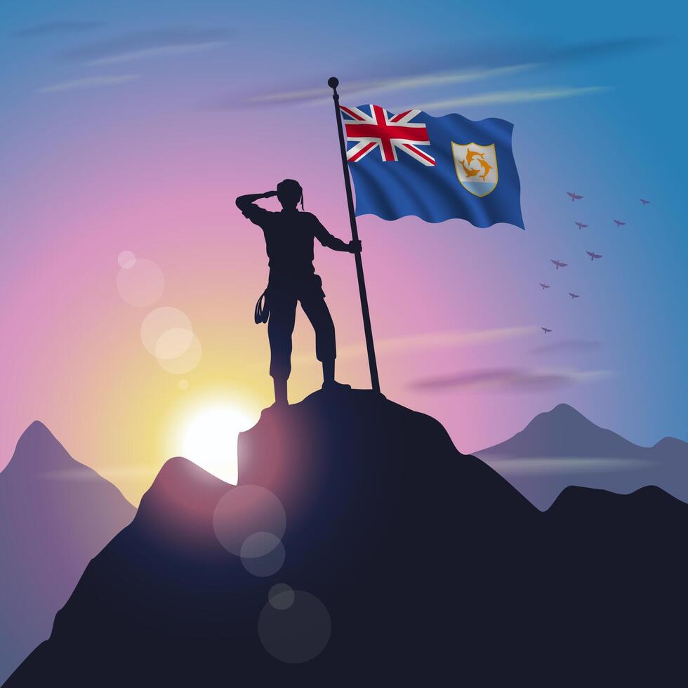 Anguilla flag raised on mountain peak with purplish yellow sunset background vector