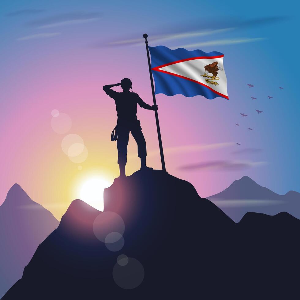 American Samoa flag raised on mountain peak with purplish yellow sunset background vector