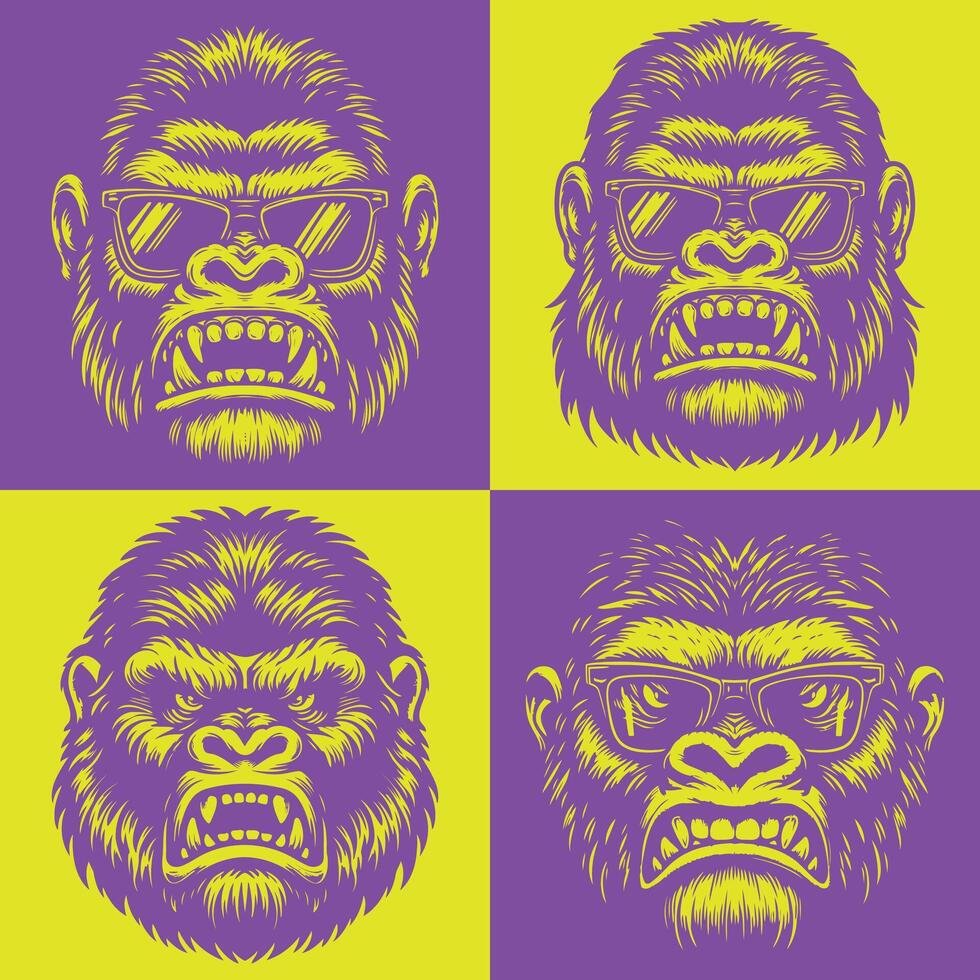 Pop Art Style Angry Gorilla Faces Colorful Illustration Set vector