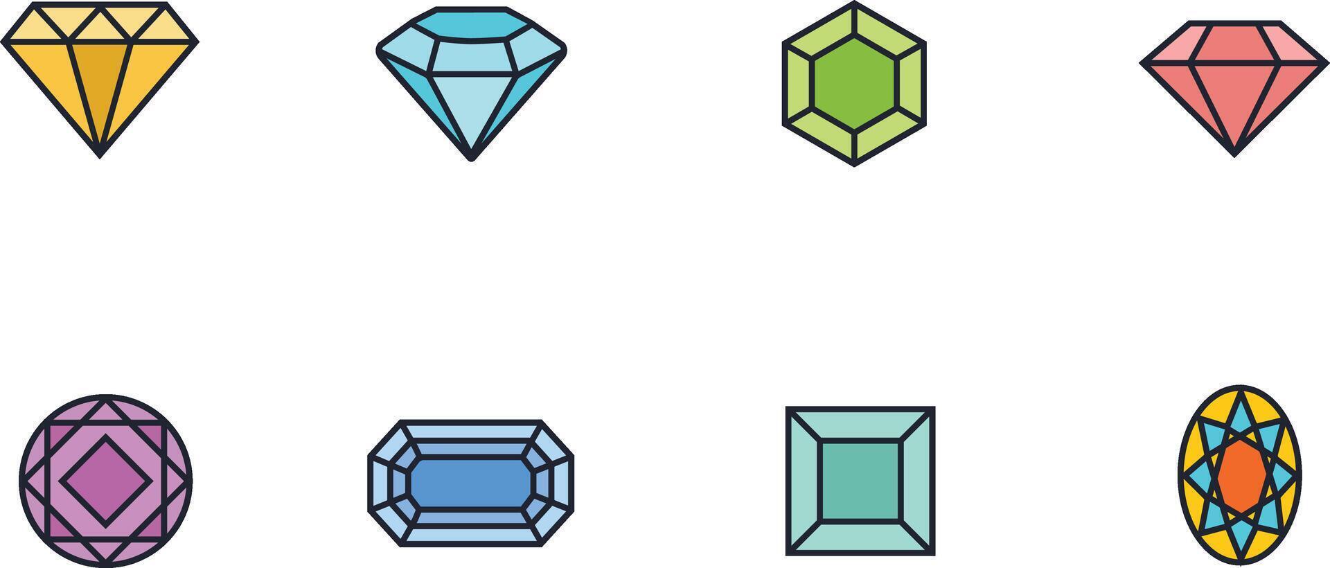 Eight Colorful Gemstone Icons Sparkling Jewels in a Vibrant, Flat-Style Design - Professional digital artwork with vibrant colors and detailed composition vector