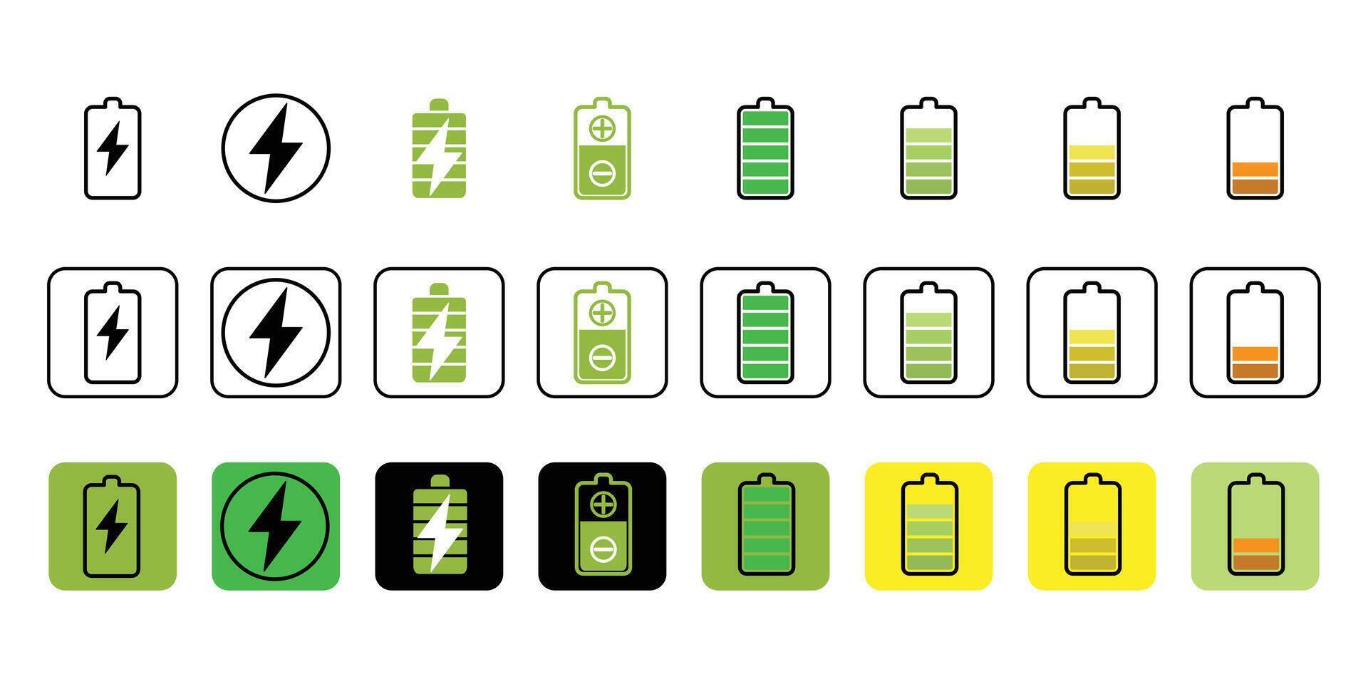 Battery Charge Level Icon Set, Full to Low Power Status Symbols , vector