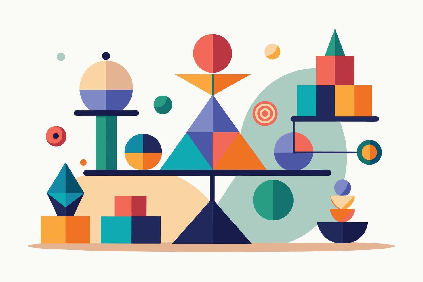 An illustration of a balance scale with various objects vector