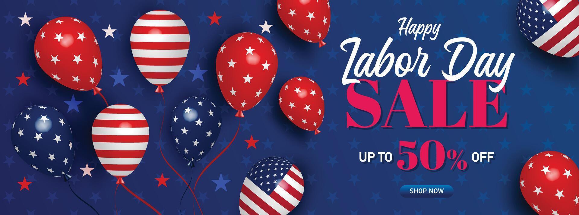 Vibrant Labor Day sale banner featuring balloons and USA flag elements in red, white, and blue. Perfect for promotions vector