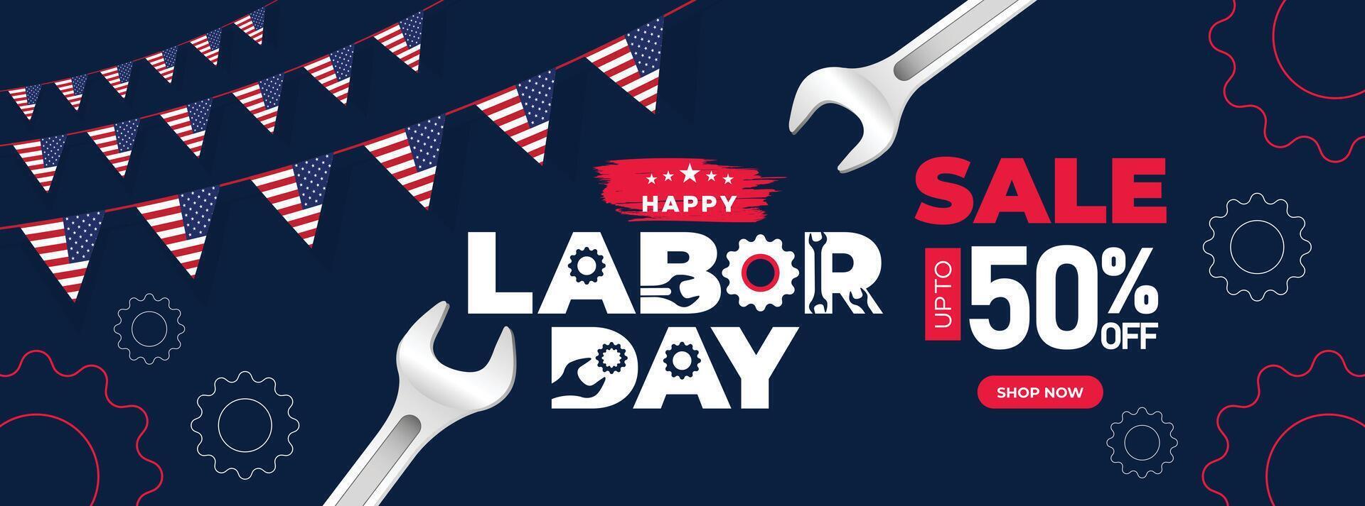 Labor Day sale banner design featuring tools, gears, and stars in a blue theme. Ideal for promotions, marketing, and digital campaigns vector