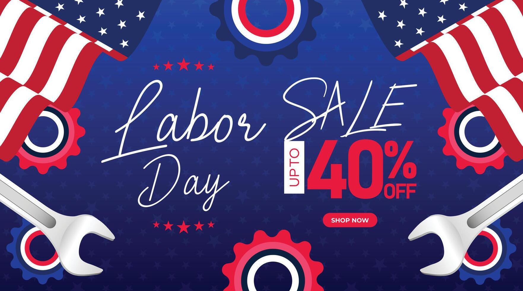 Celebrate Labor Day with a sale banner featuring tools, stars, and a festive red, white, and blue design. Perfect for digital marketing vector