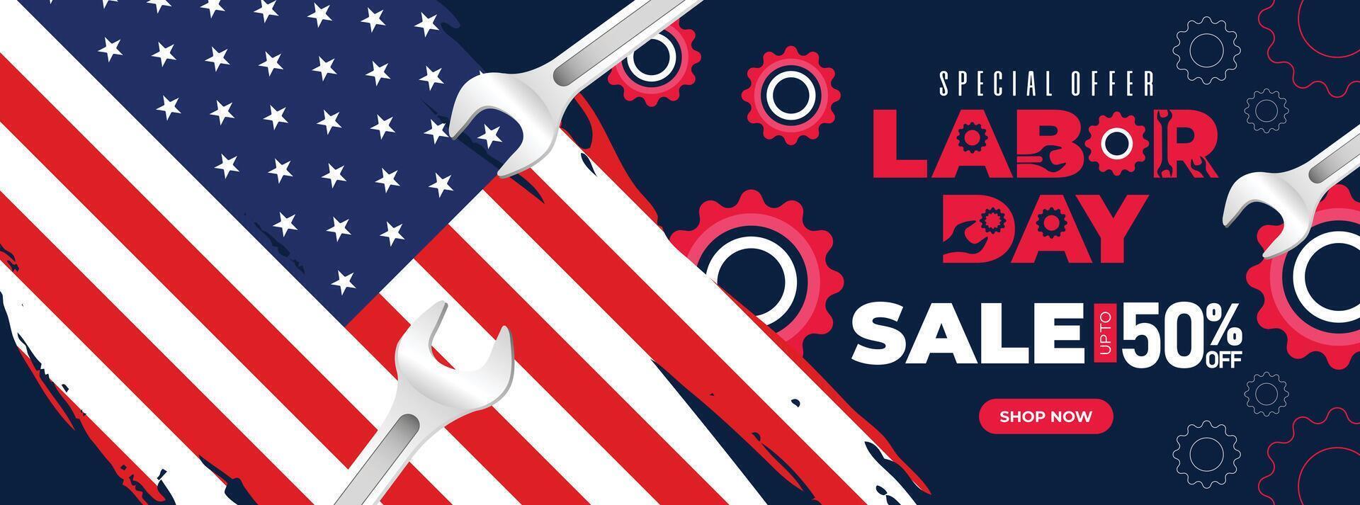 Patriotic Labor Day banner featuring American flag, wrenches, and stars in a red, white, and blue design. Perfect for promotions vector