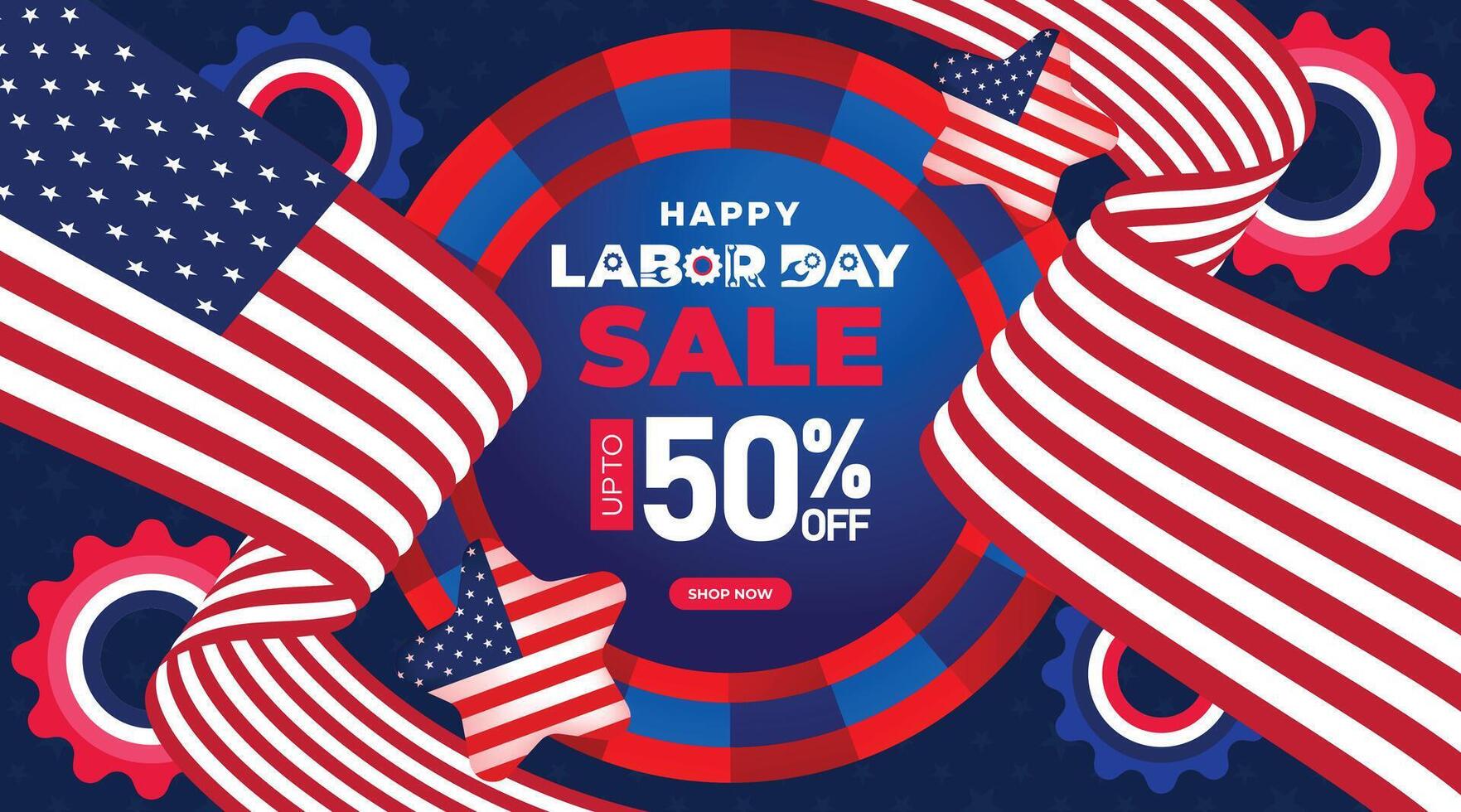 Dynamic Labor Day sale banner featuring bold text, gear motifs, and a red, white, and blue color scheme. Ideal for promotions vector