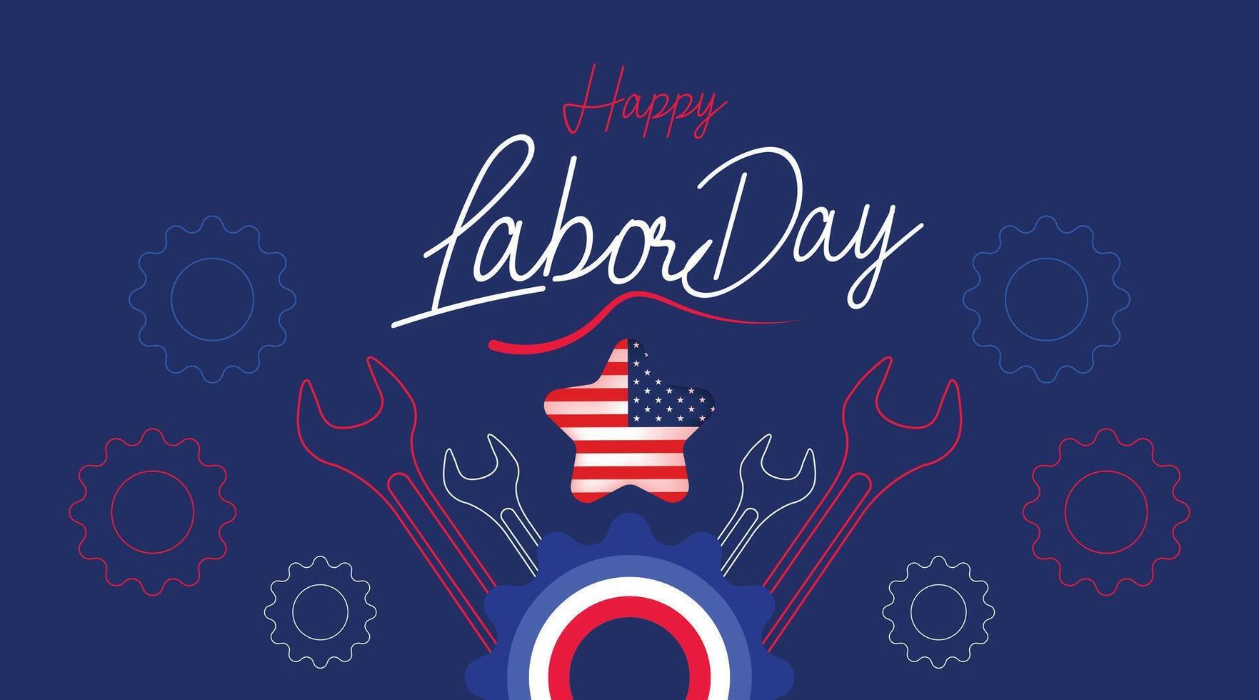 Vibrant Labor Day banner featuring gears, USA flag, and a red, white, and blue design. Perfect for marketing and promotion vector