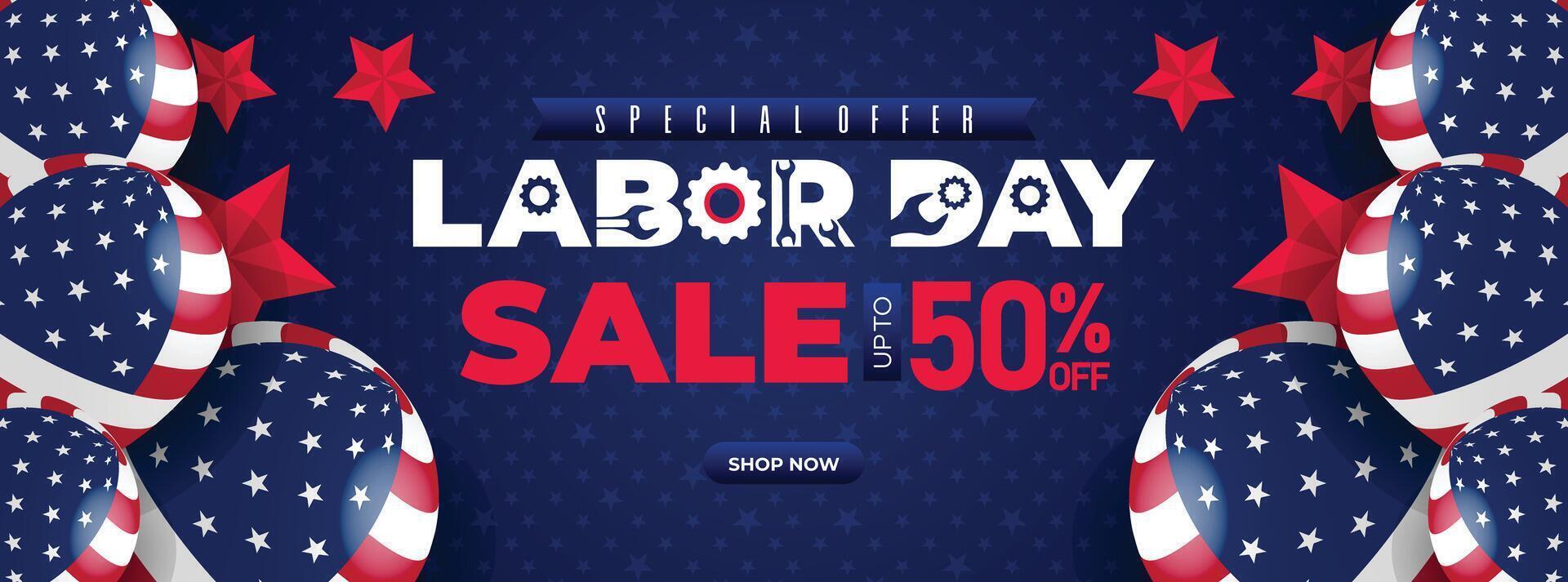 Eye catching Labor Day sale banner featuring stars, stripes, and patriotic elements in a dynamic design. Ideal for online promotions and advertising vector