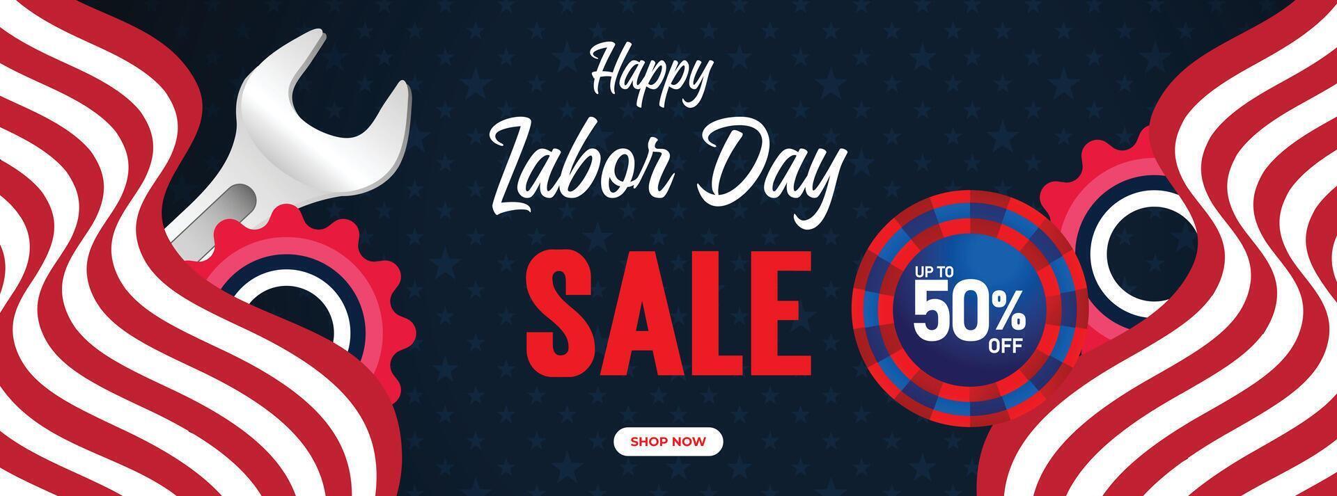 Eye catching Labor Day sale banner featuring waving American flags and bold text in red, white, and blue colors. Perfect for marketing vector