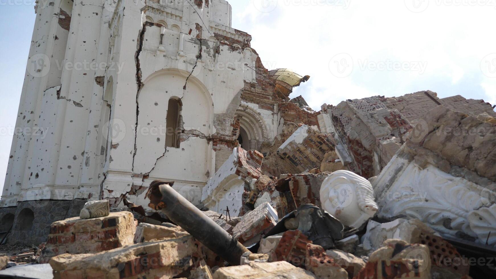 View to destroyed church at Kharkivsk oblast. Ruined building after bomb attacks on ukrainian territory from russia army. Consequences of russian invasion of Ukraine. Slow motion photo