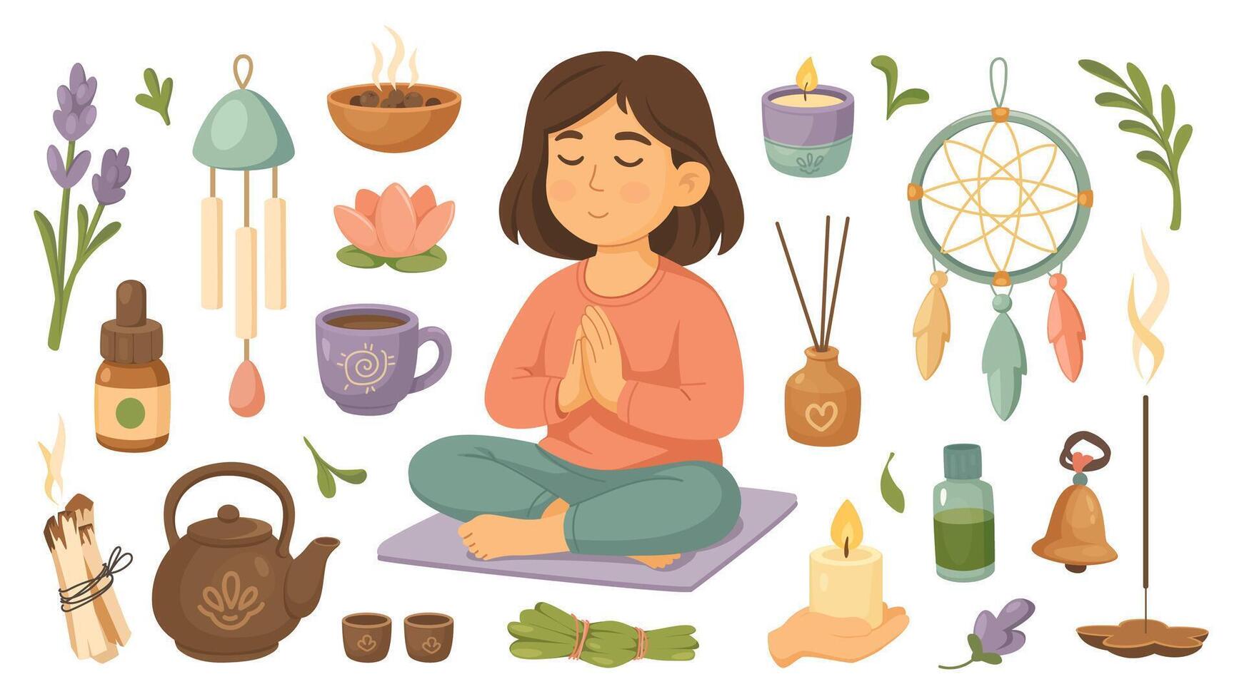 Meditation set in flat cartoon design. Collection isolated elements of woman sitting in lotus asana, lavender twigs, flowers, wind chime, dreamcatcher, aromatherapy tools, more. illustration. vector