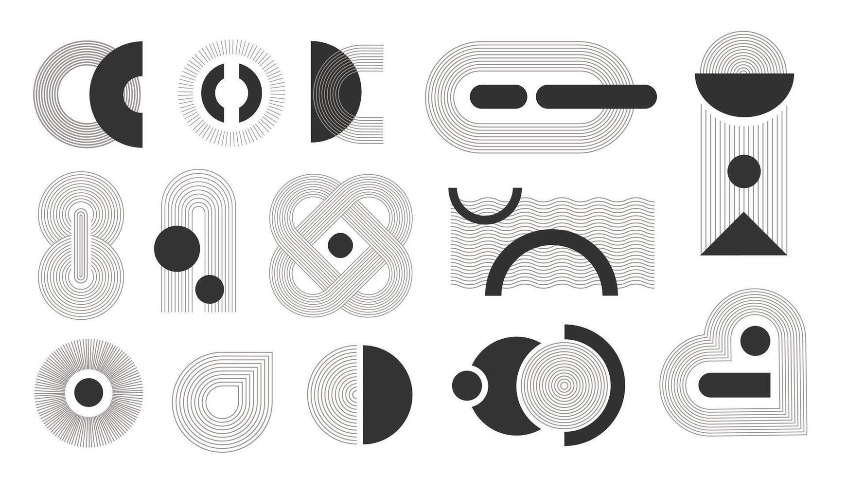 Aesthetic contemporary stripes set in flat cartoon design. Collection isolated elements of black and white geometric circles, arches, other wavy line figures with simple shapes. illustration. vector