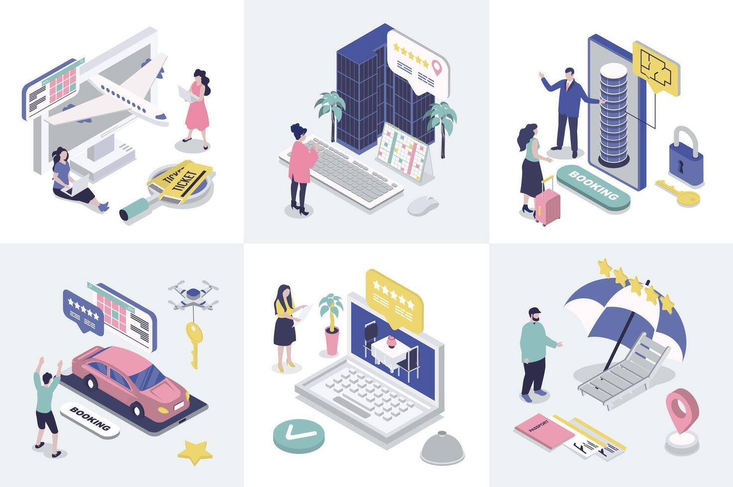 Booking 3d isometry concept for web design. Collection set with isometric people searching and buying airline tickets, ordering taxi, hotel room or restaurant table in mobile app. illustration. vector