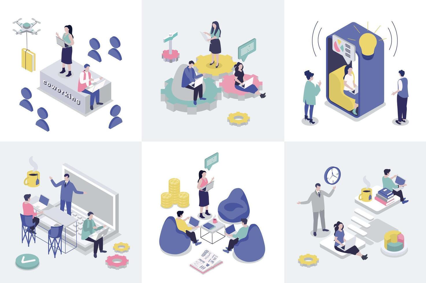 Coworking 3d isometry concept for web design. Collection set with isometric people work in office space with coworkers workspace, workplace room, freelance and startup teamwork. illustration. vector