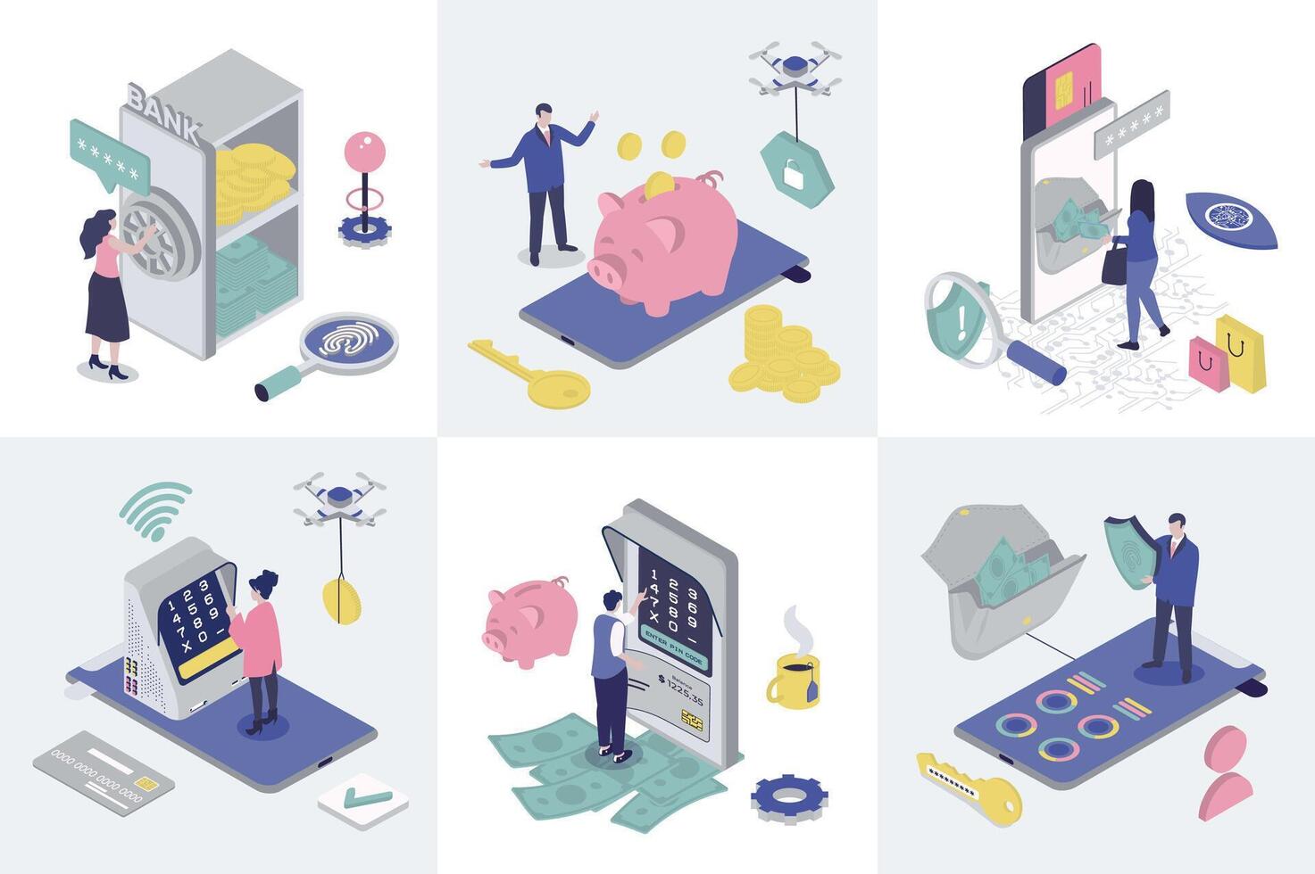 Mobile banking 3d isometry concept for web design. Collection set with isometric people saving money in bank safe, doing financial management in app, cash out in atm, online pays. illustration. vector