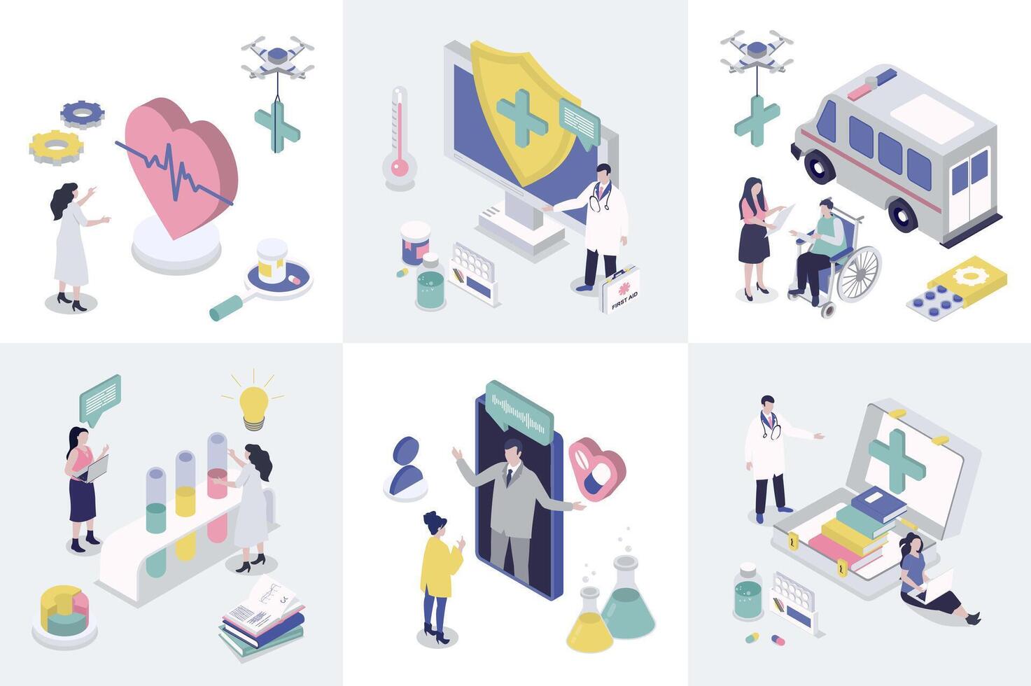 Medicine 3d isometry concept for web design. Collection set with isometric people getting online consultation with doctor, emergency help, diagnosis, treatment, laboratory tests. illustration. vector