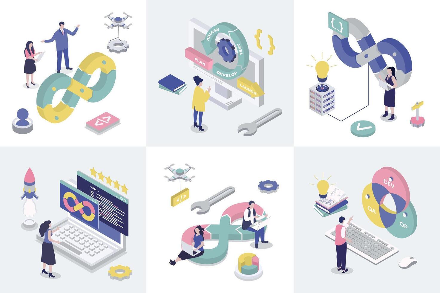 DevOps 3d isometry concept for web design. Collection set with isometric people using agile development operation practice, programming, creating and release products cycles. illustration. vector