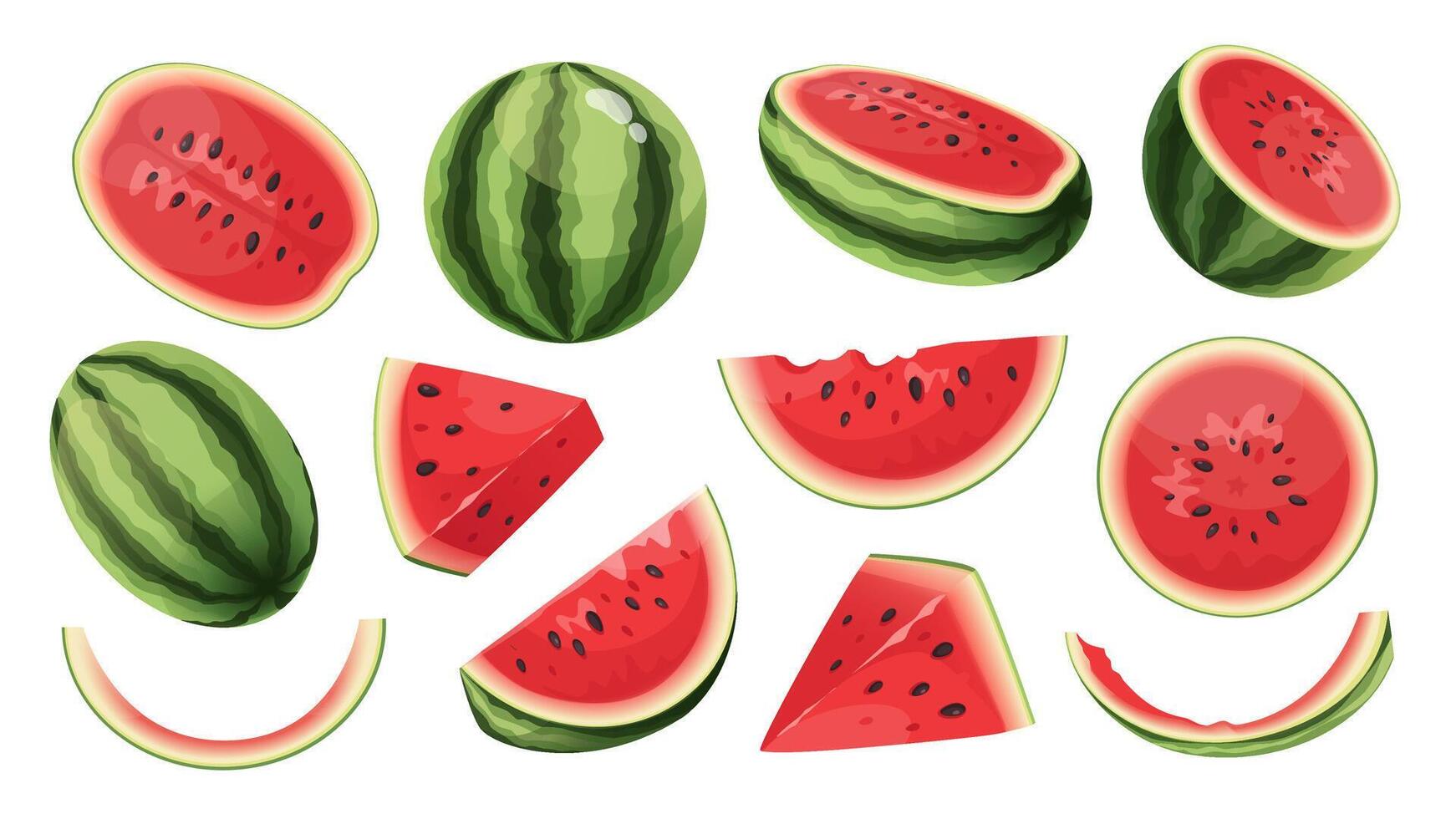 Watermelon set in flat cartoon design. Collection isolated elements of whole juicy summer fruit, slices with red flesh and seeds, fresh ripe pieces and half parts, green rinds. illustration. vector