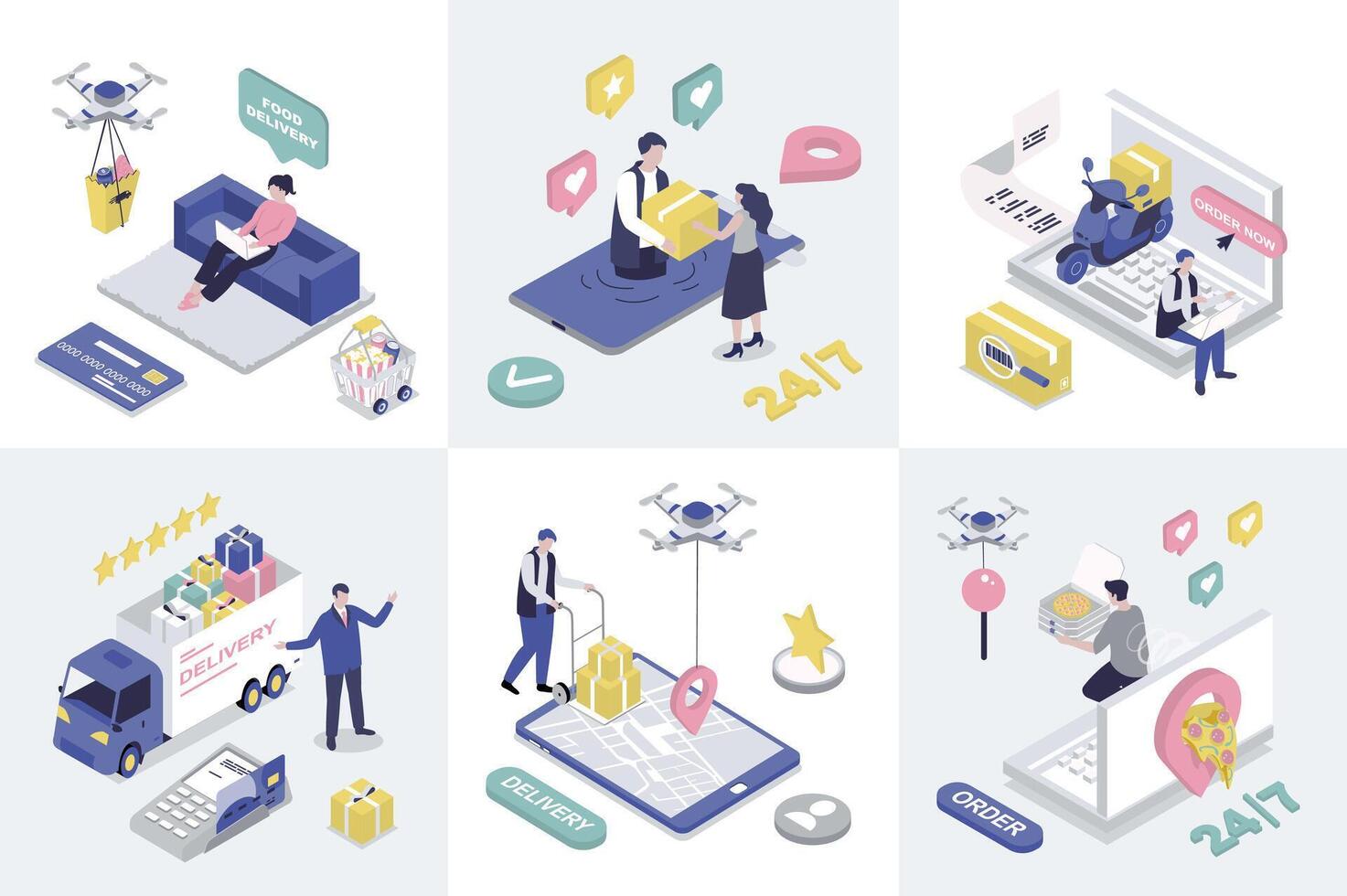 Delivery 3d isometry concept for web design. Collection set with isometric people getting food delivering with drones and couriers, truck transportation, tracking parcels in app. illustration. vector