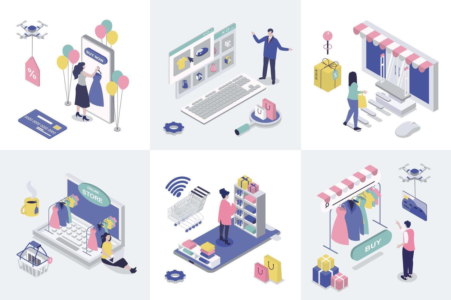Online shopping 3d isometry concept for web design. Collection set with isometric people ordering new goods at store webpages, doing internet purchasing with payments in app. illustration. vector