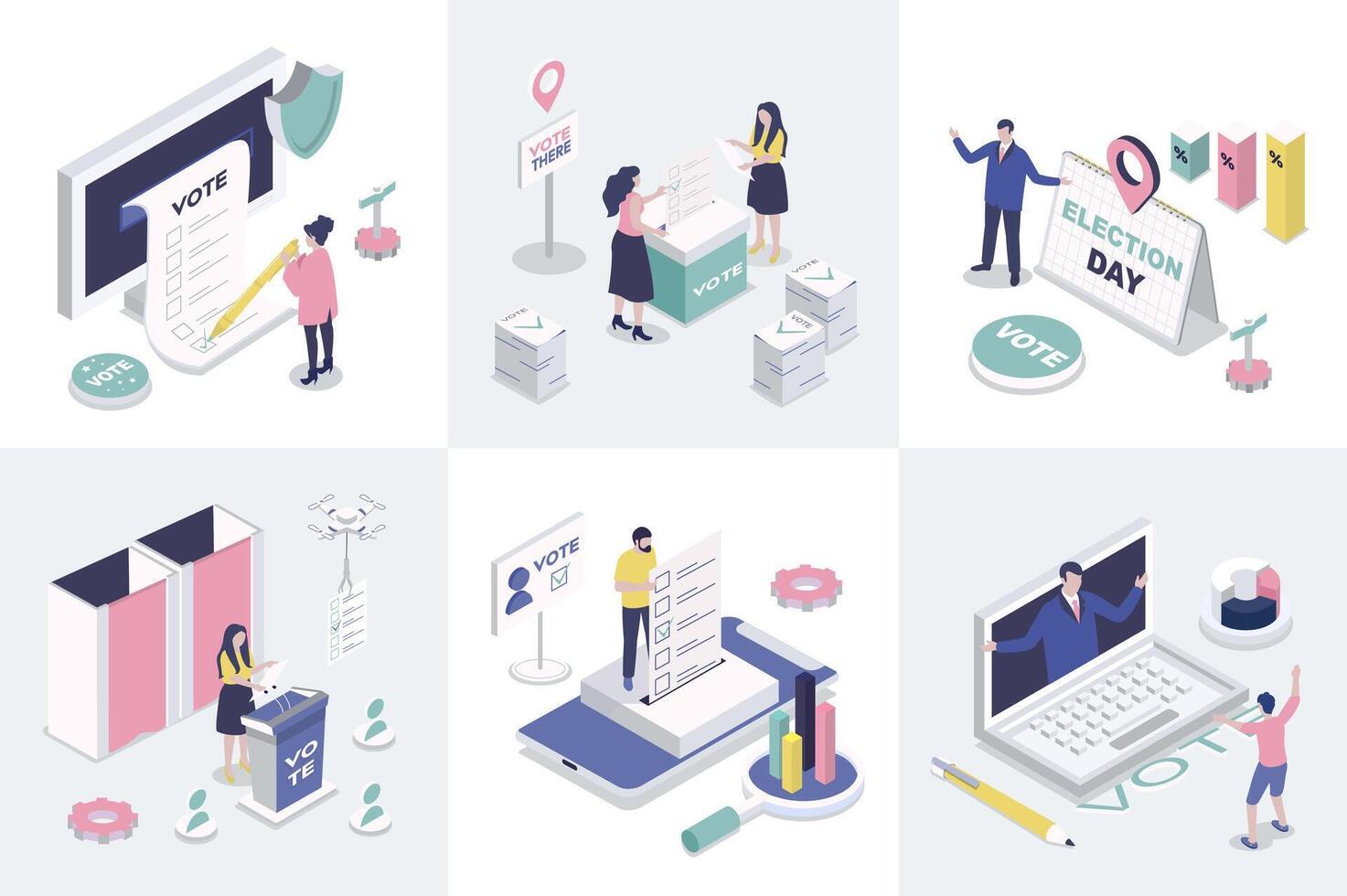 Election and voting 3d isometry concept for web design. Collection set with isometric people using inline vote system, making democratic choices, supporting political candidates. illustration. vector