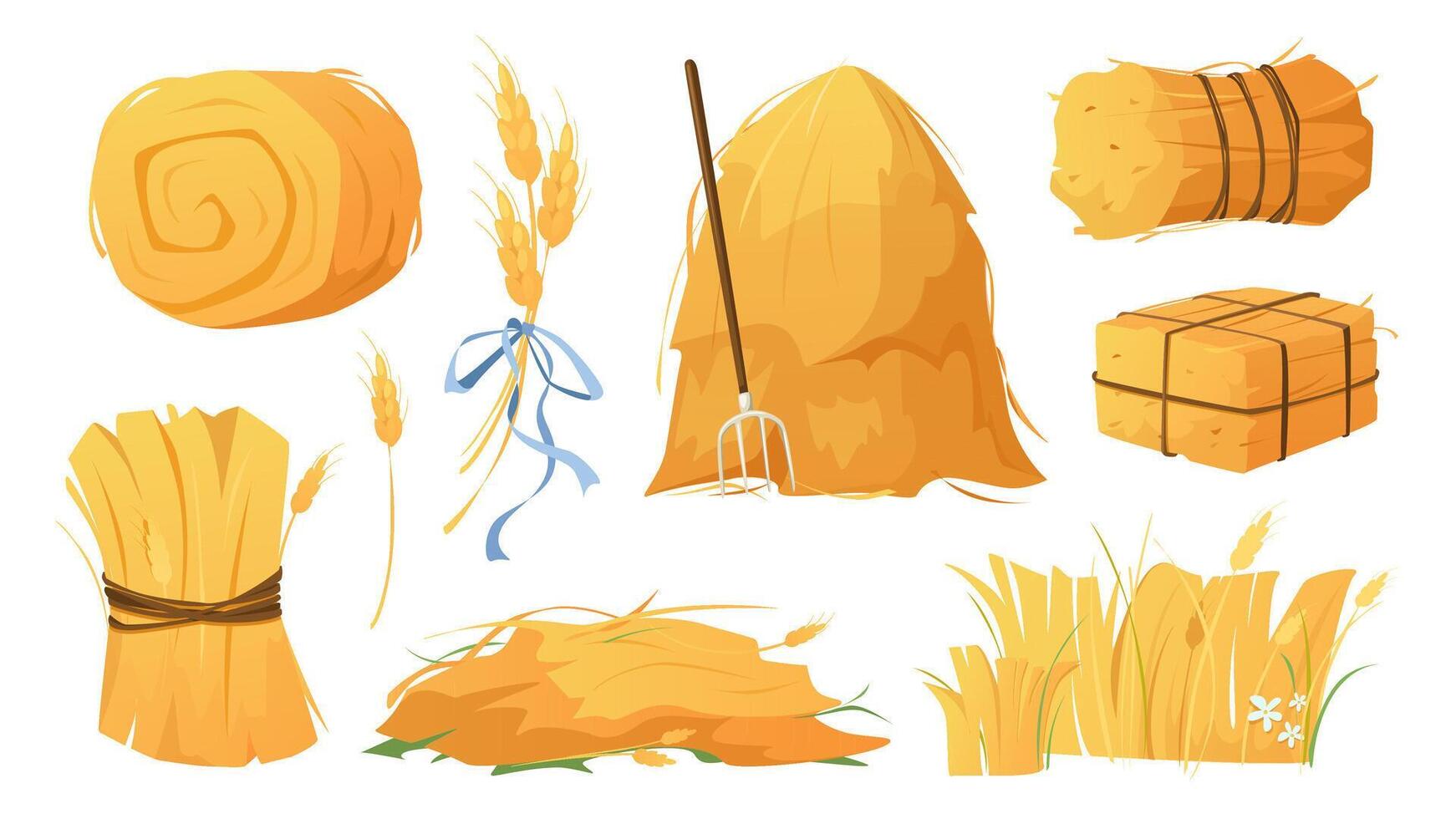 Haystacks set in flat cartoon design. Collection isolated elements of round, square and rolling shapes of hay stacks, straw heaps with pitchfork, ears, wheat or rye dry crop. illustration. vector