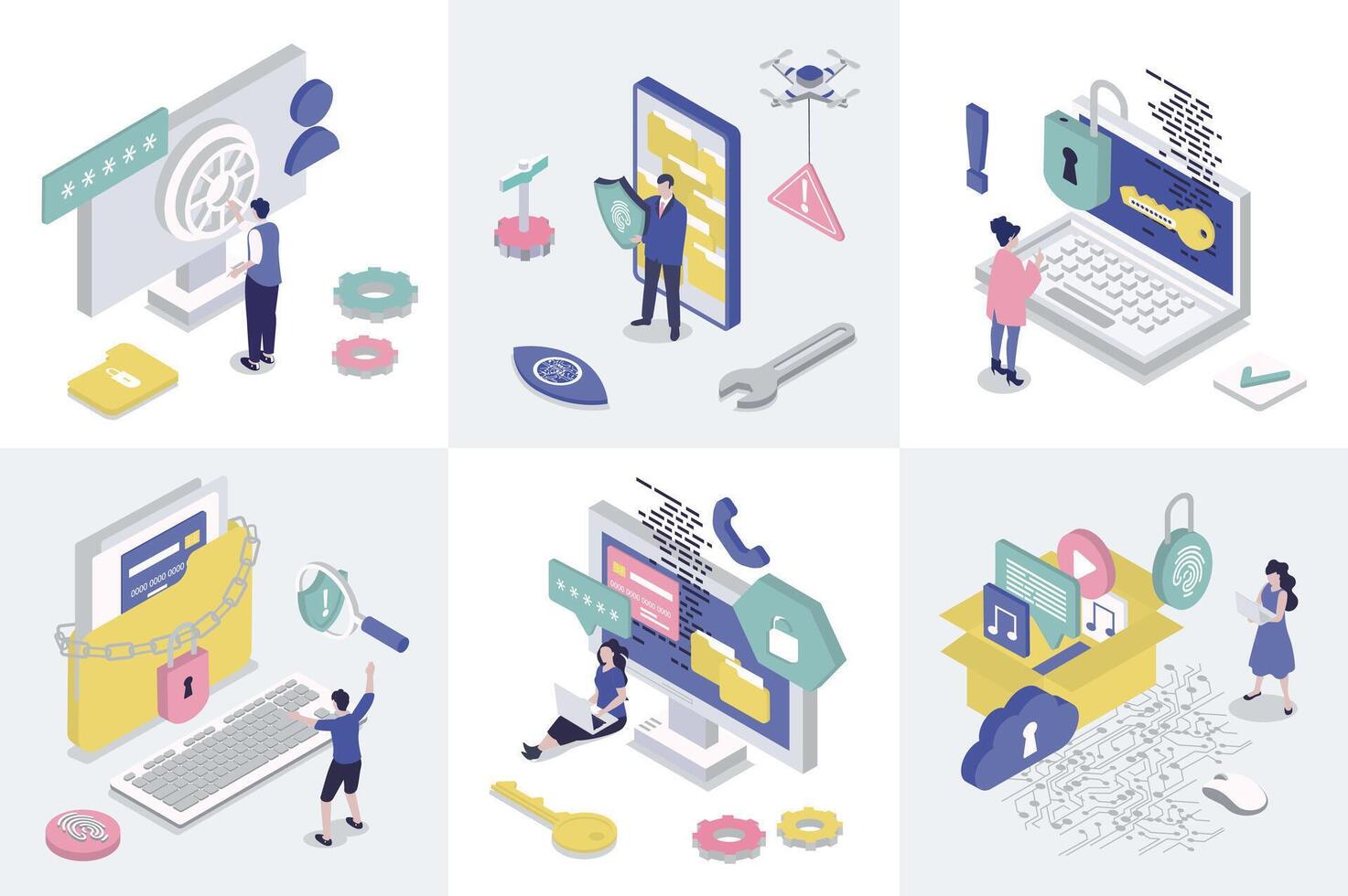 Cyber security 3d isometry concept for web design. Collection set with isometric people using safety access with data privacy protection, fingerprint verification and passwords. illustration. vector