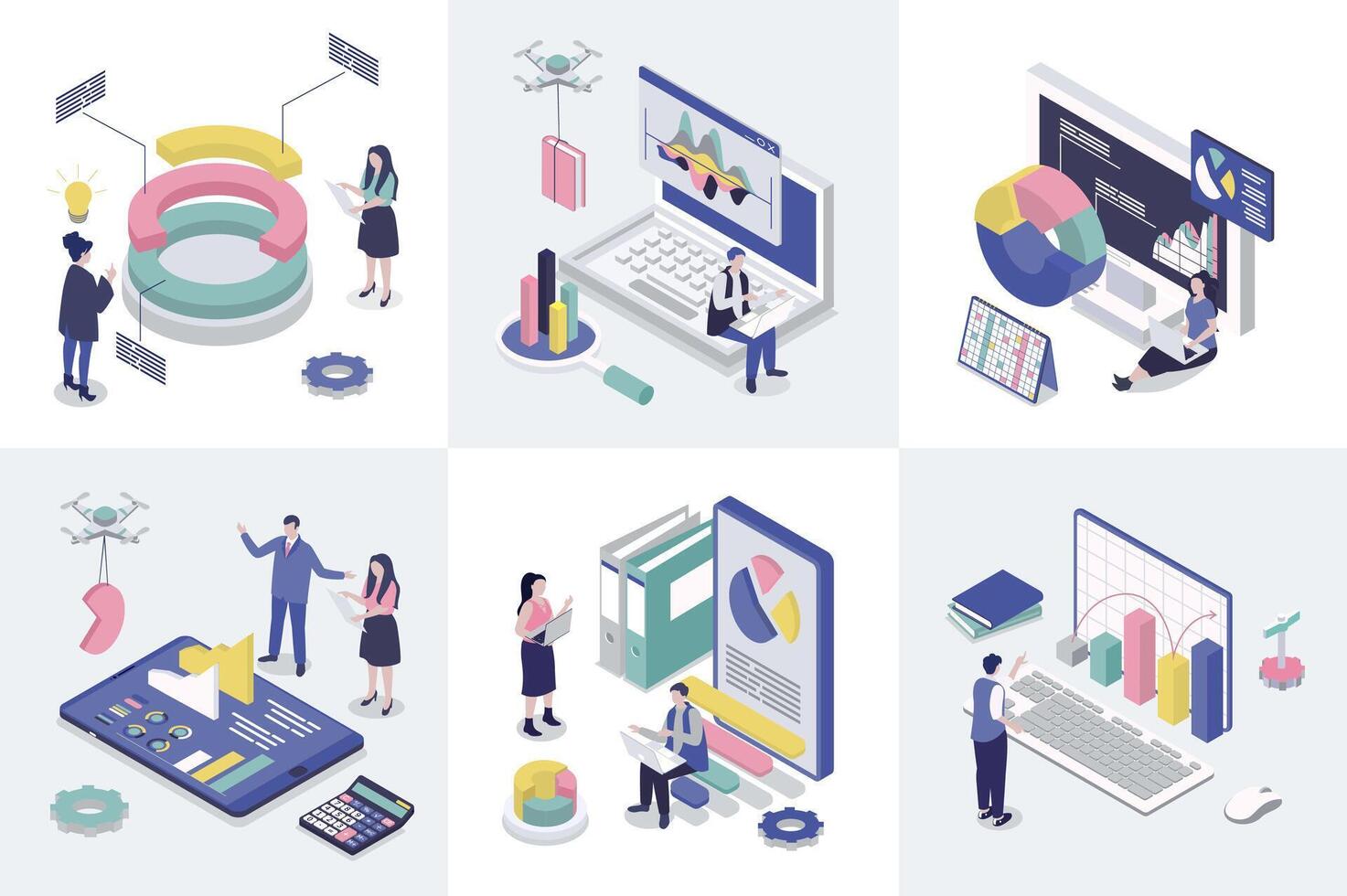 Data analysis 3d isometry concept for web design. Collection set with isometric people making statistics research, chart, diagram and graph dashboard analyzing, marketing report. illustration. vector
