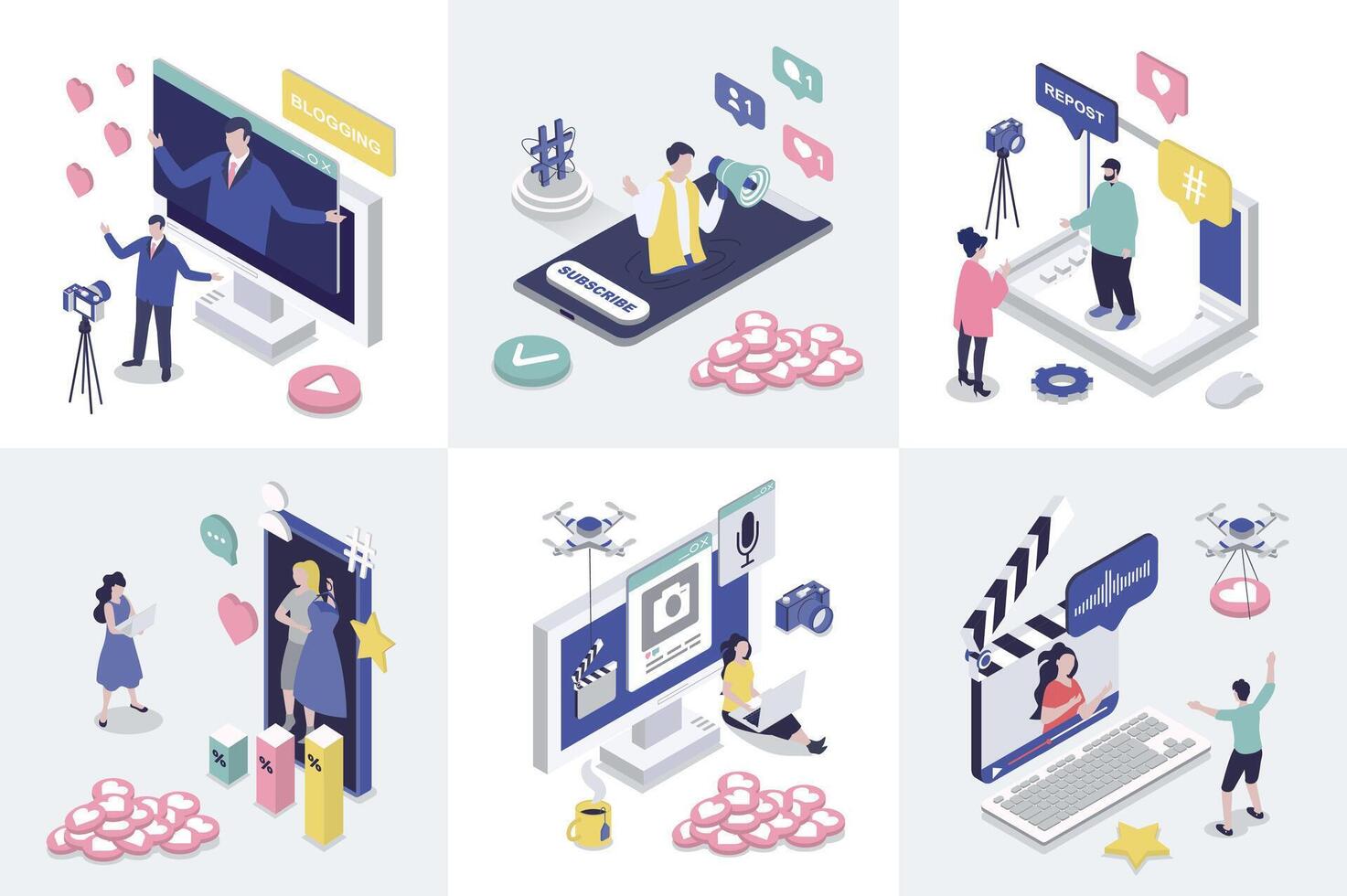 Blogging 3d isometry concept for web design. Collection set with isometric people creating content, making new posts in social media, advertising and attracting followers. illustration. vector