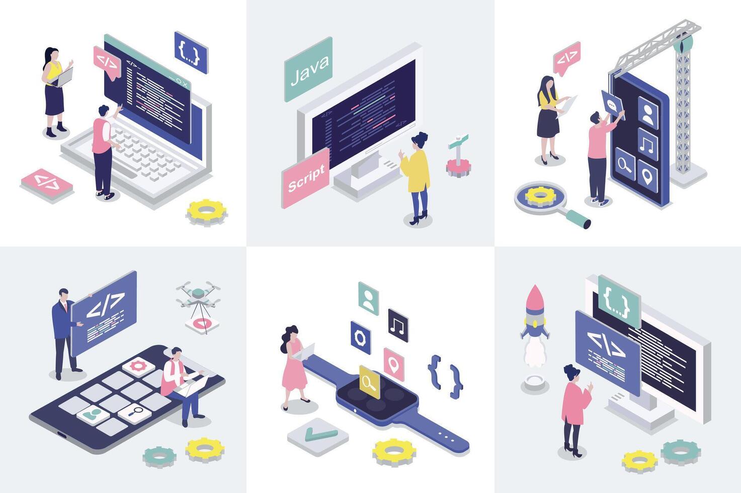 App development 3d isometry concept for web design. Collection set with isometric people programming applications, creating interface layouts, making settings and optimization. illustration. vector