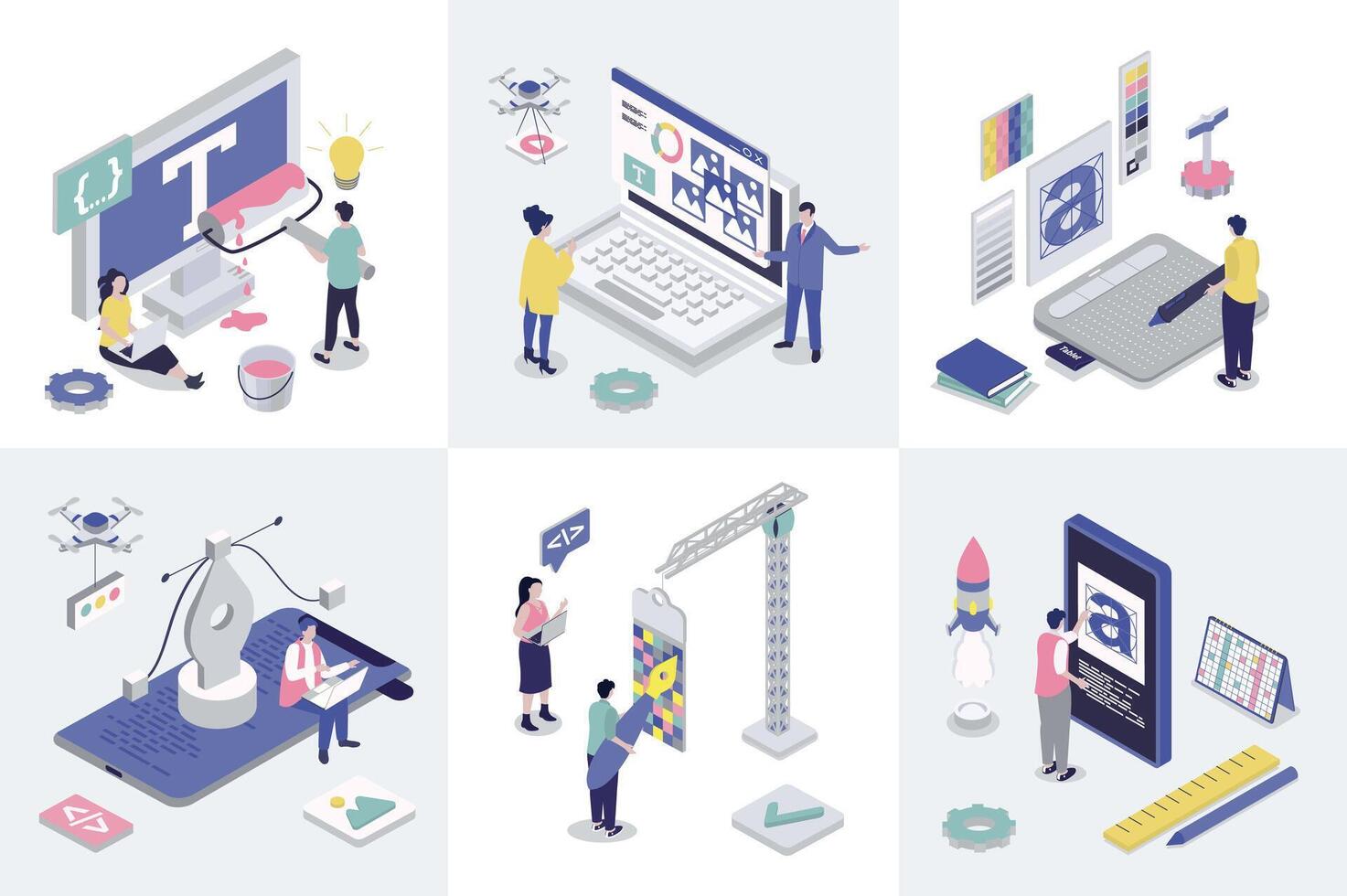 Designer studio 3d isometry concept for web design. Collection set with isometric people creating interface layouts and graphic content, using drawing tools and typescripts. illustration. vector