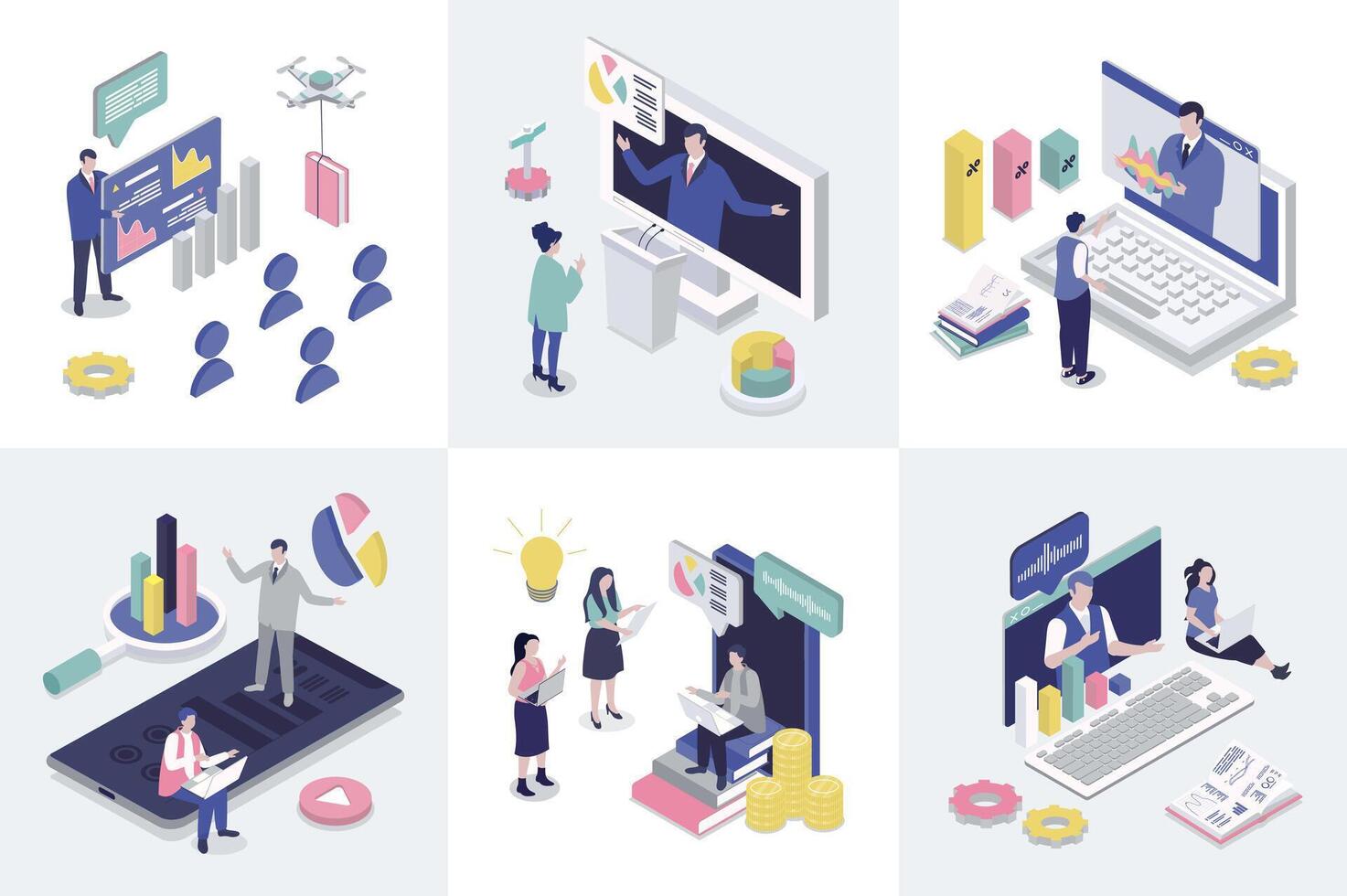 Business training 3d isometry concept for web design. Collection set with isometric people learning at conference, listening job coaching and consulting lectures, seminars. illustration. vector