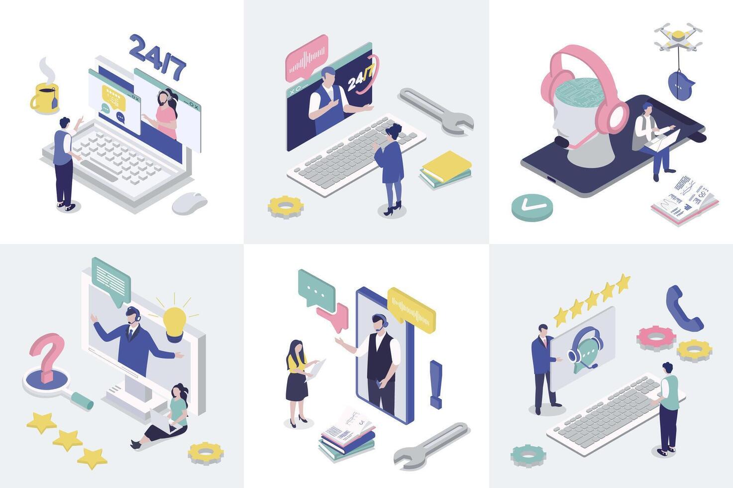 Customer support 3d isometry concept for web design. Collection set with isometric people calling at technical solution center with operators, online assistance and feedback. illustration. vector