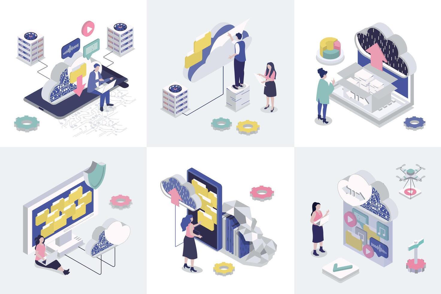 Cloud storage 3d isometry concept for web design. Collection set with isometric people uploading and downloading data in online storage, datacenter processing, hosting service. illustration. vector