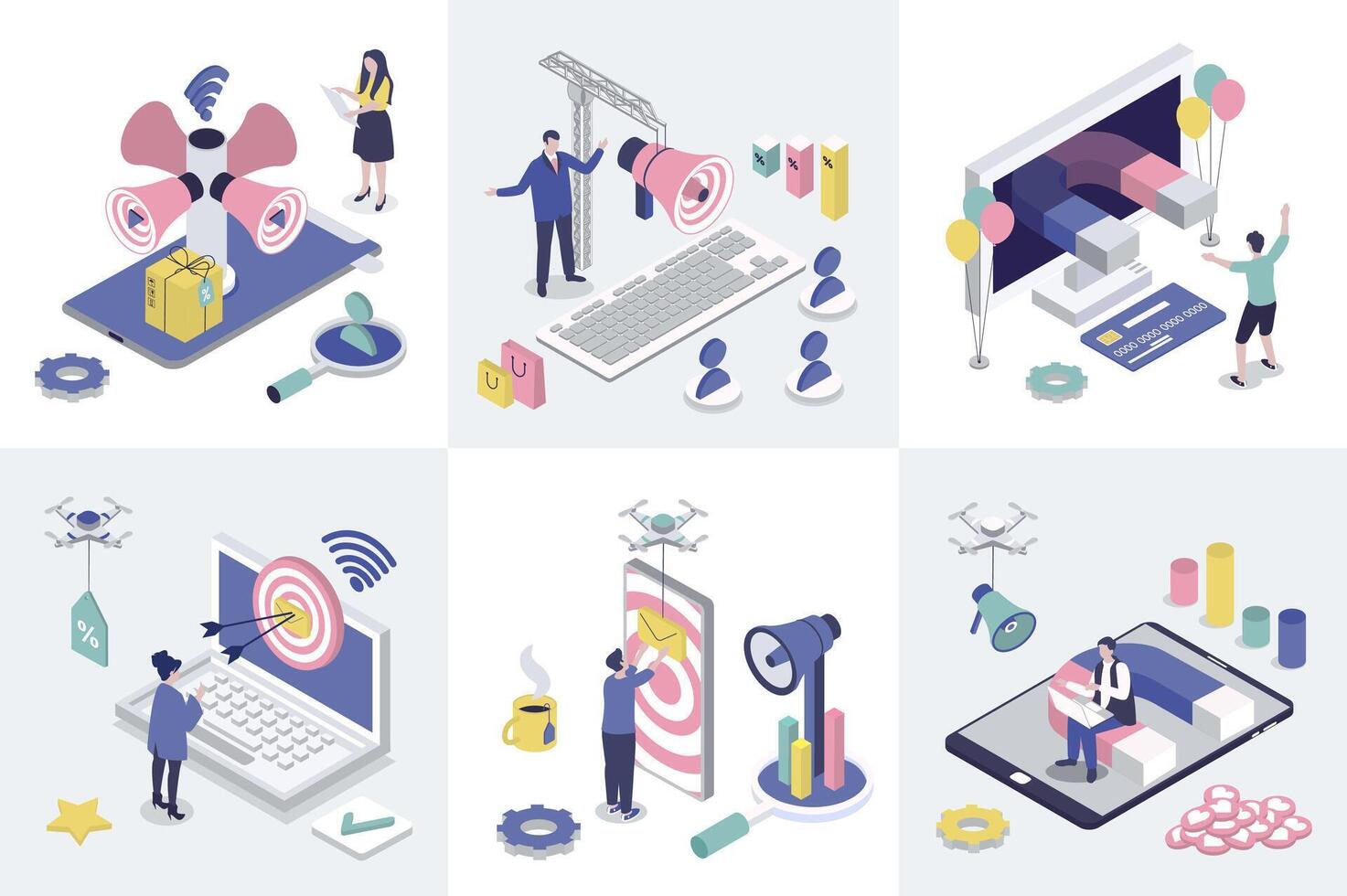 Digital marketing 3d isometry concept for web design. Collection set with isometric people making online promotion, advertising targeting, business communication with clients. illustration. vector