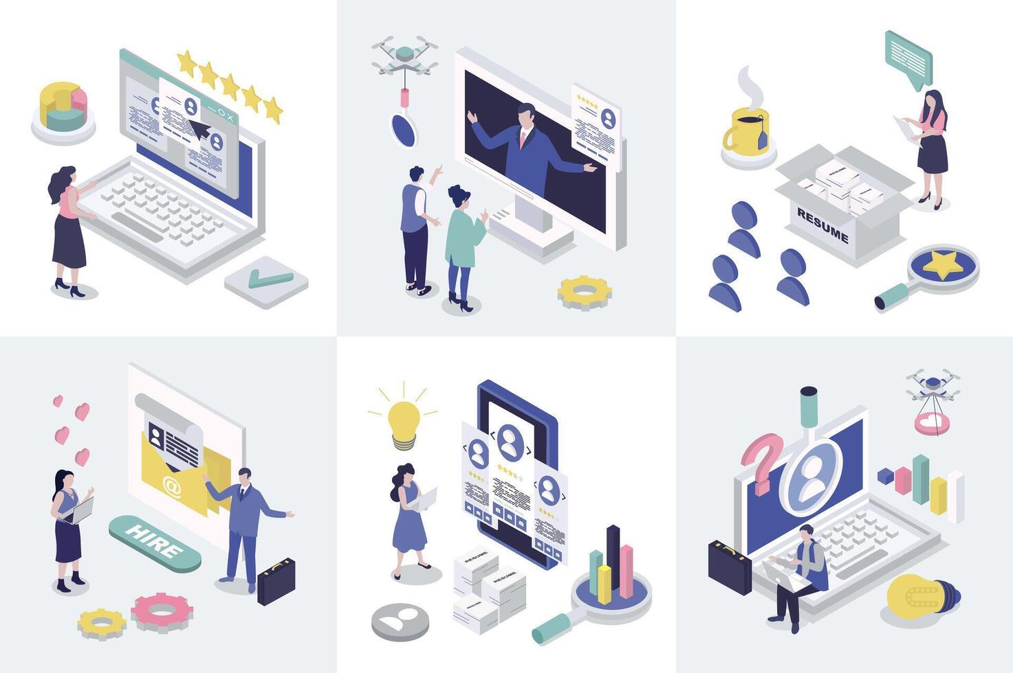 HR process 3d isometry concept for web design. Collection set with isometric people looking candidates for hiring, making job interview at vacancy, searching best online resume. illustration. vector