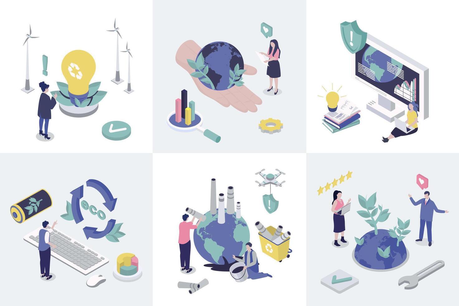 Ecology 3d isometry concept for web design. Collection set with isometric people using waste management and recycling technology, alternative energy for save planet and climate. illustration. vector