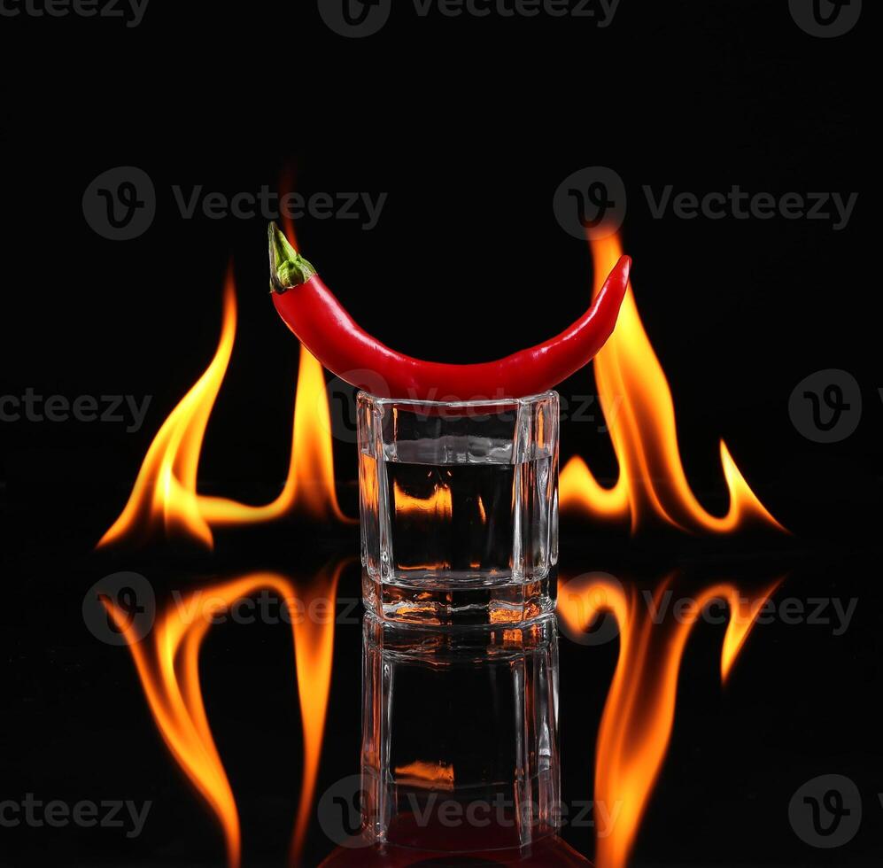 A red chili pepper is sitting in a glass with water photo