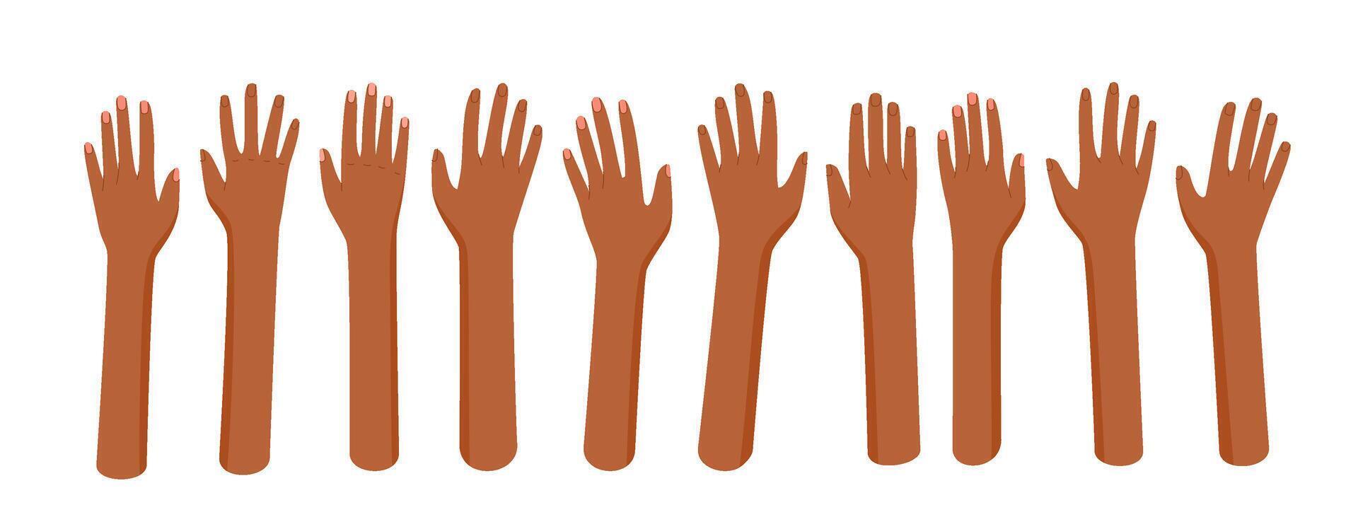 Set of open hands in flat style. Raised human gestures represent unity and solidarity. Diverse bare arms express community and volunteer work. Abstract colorful illustration for charity, equality vector