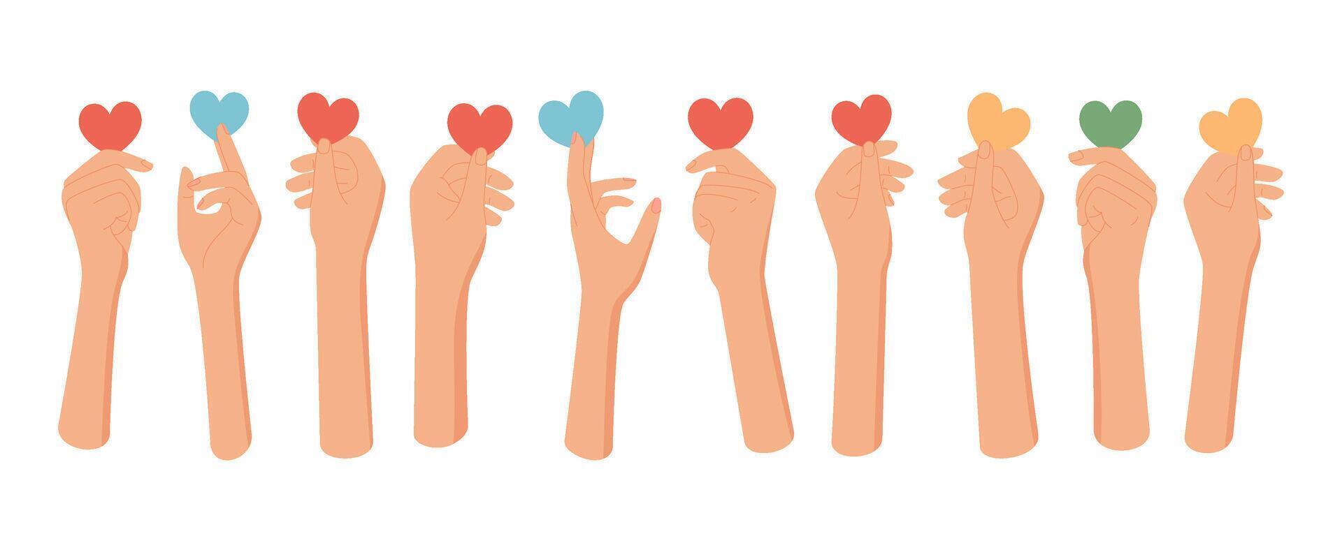 Flat style set of hands with colorful hearts. Raised bare palms symbolize love, charity, and friendship. Aid and give concept with care support, ideal for community social themes. vector
