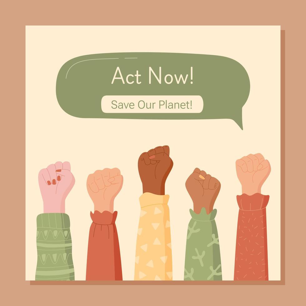 Flat banner with raised hands symbolizing social volunteer community and multicultural solidarity. Diverse hands represent aid and unify efforts to protect the planet. Optimistic concept, colorful vector