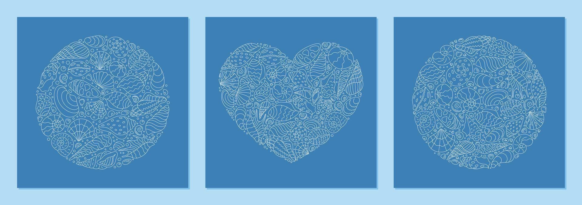 Abstract underwater concept with outline seashell patterns and coral details. Round and heart shapes highlight marine aquatic themes. Ocean doodle design, featuring scallop shell motifs for use in vector