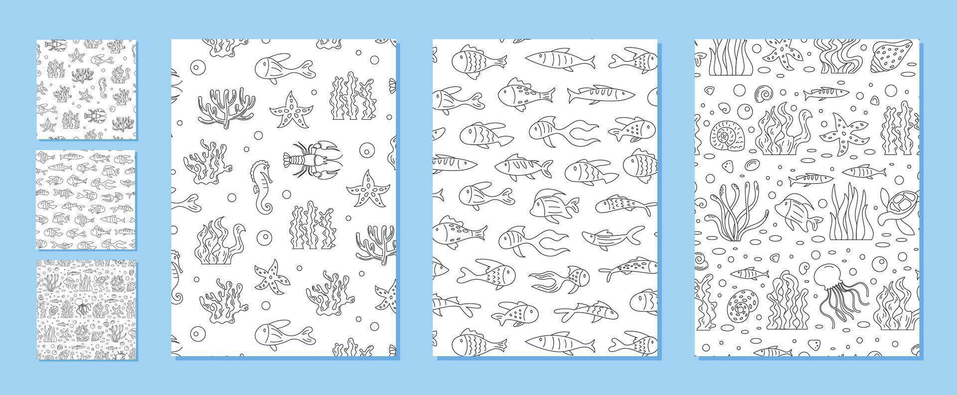 Seamless underwater marine pattern set in outline style. Includes fish, coral, and sea elements, arranged in a cartoon background. This aquatic texture highlights marine life and is perfect for vector