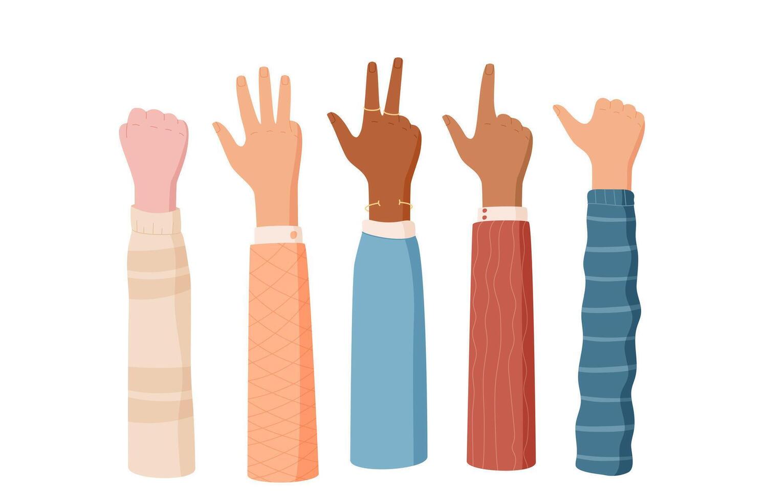 Cartoon hand count gesture set with fingers showing numbers in a flat style. Diverse arm signals highlight counting and numbering. Ideal for educational resources and graphic design, the collection vector