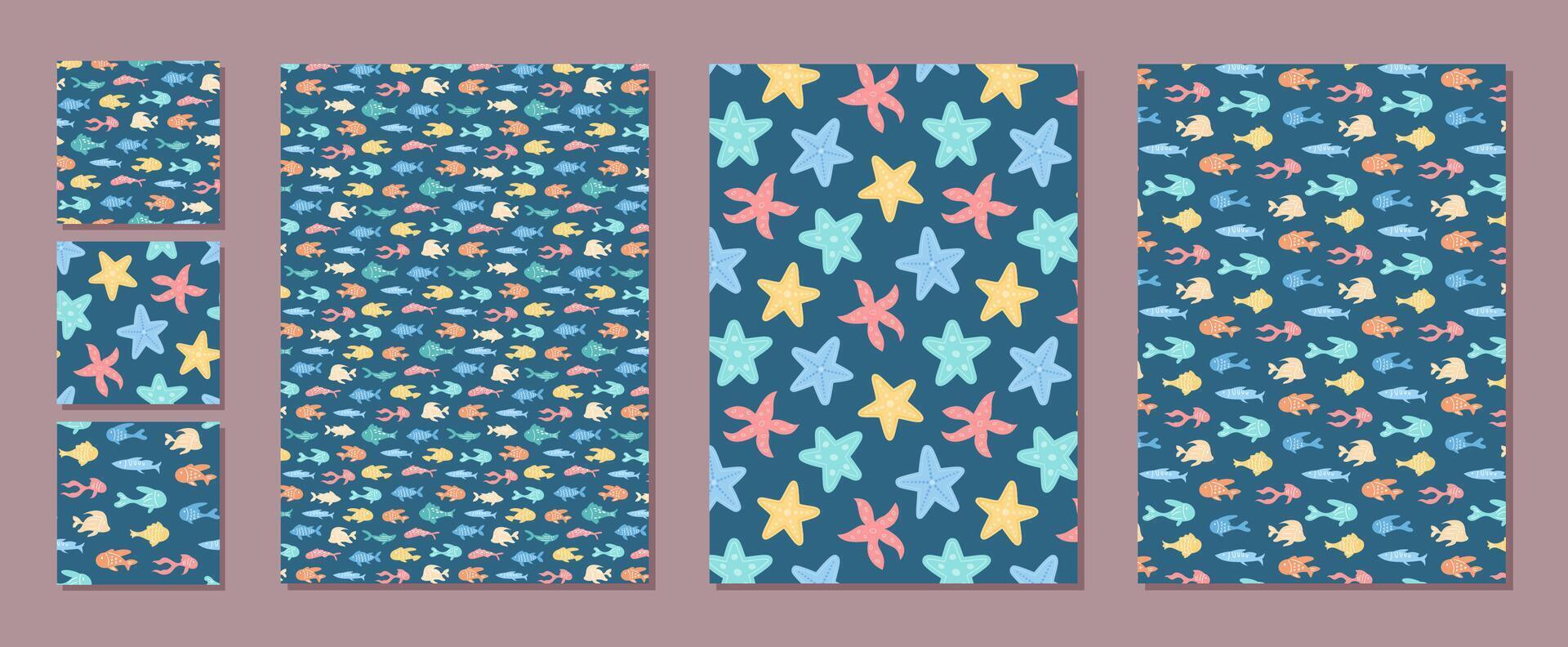 Underwater seamless pattern set with marine life. Vibrant background featuring cartoon fish and starfish. Flat aquatic design, colorful ocean theme, versatile for summer projects and creative graphic vector