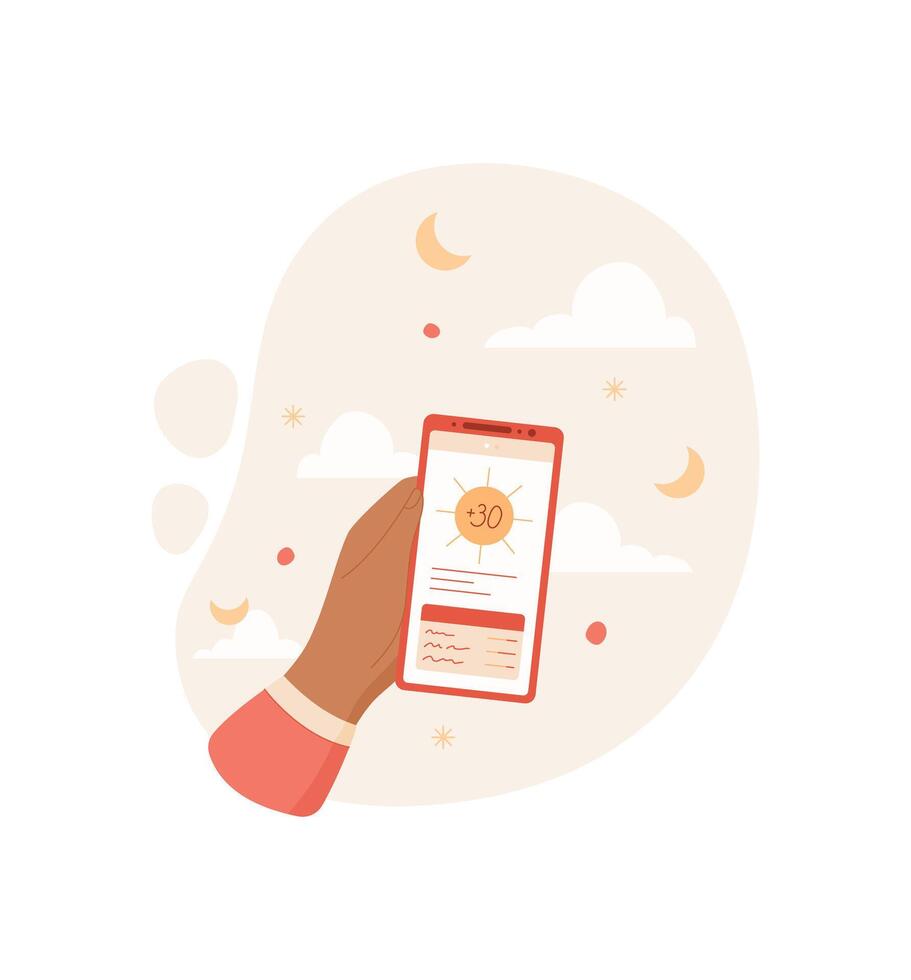 A hand holds a mobile phone displaying a weather app. The smartphone screen presents weather information. The user interacts with the digital application, using technology for daily updates. vector